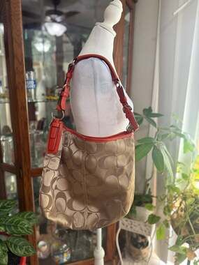 Coach Signature Canvas and Leather Shoulder Hobo Bag